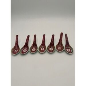 Jingdezhen Chinese Soup‎ Spoons Set 7 Pink Longevity Porcelain Vintage Excellent